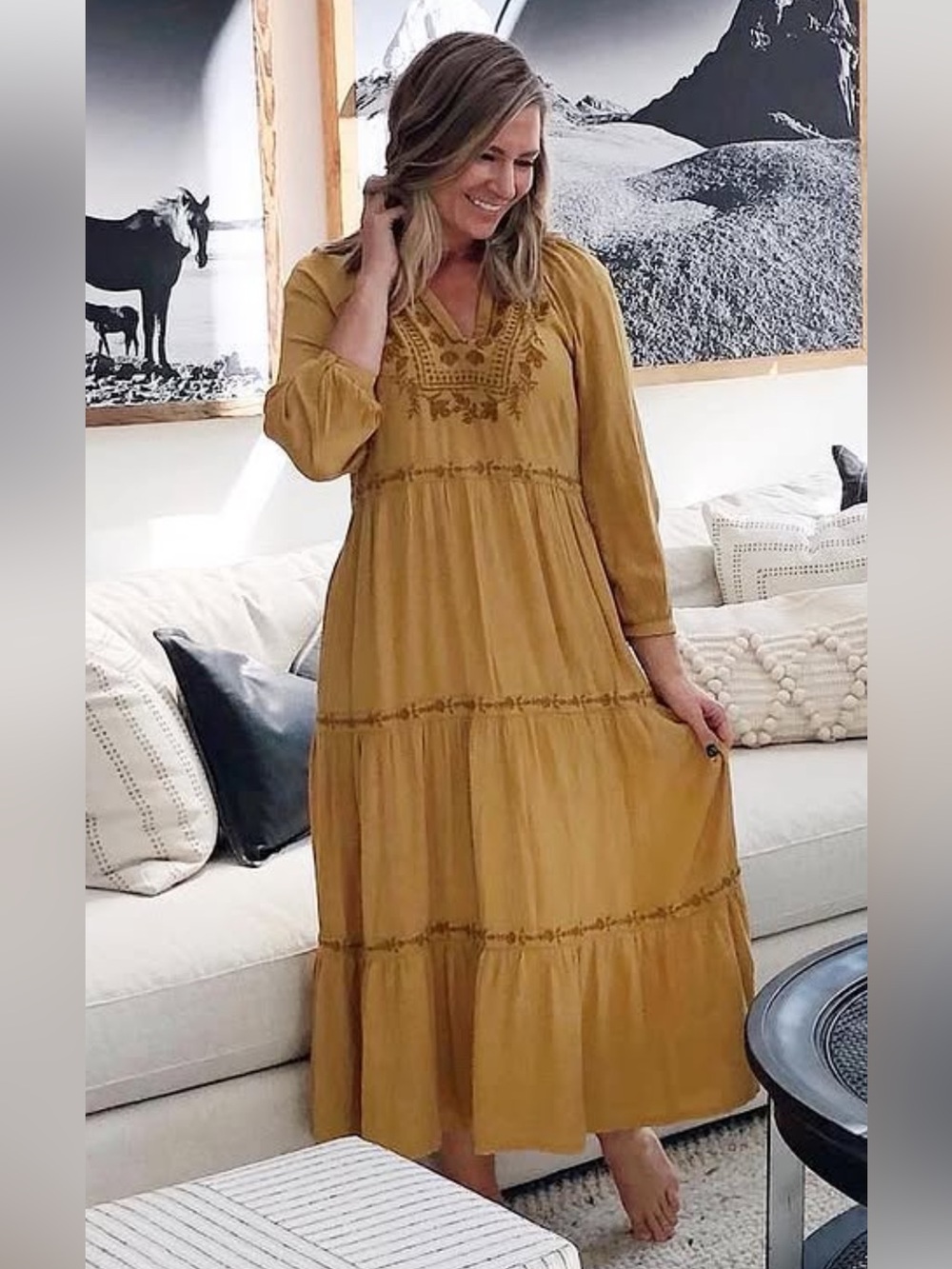 Old Navy Mustard Embroidered Tiered Maxi Dress